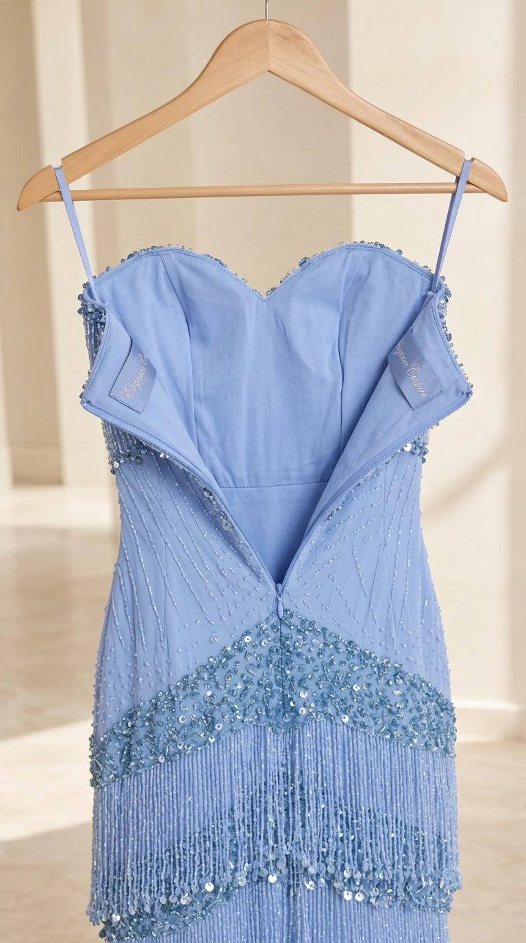 Close-up interior and neckline construction of sky blue strapless evening gown