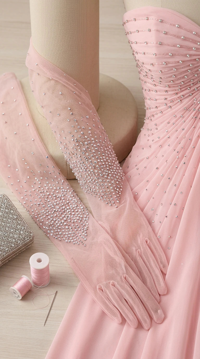 Close-up detail of sheer mesh opera gloves with scattered crystal beading and ruched dress bodice