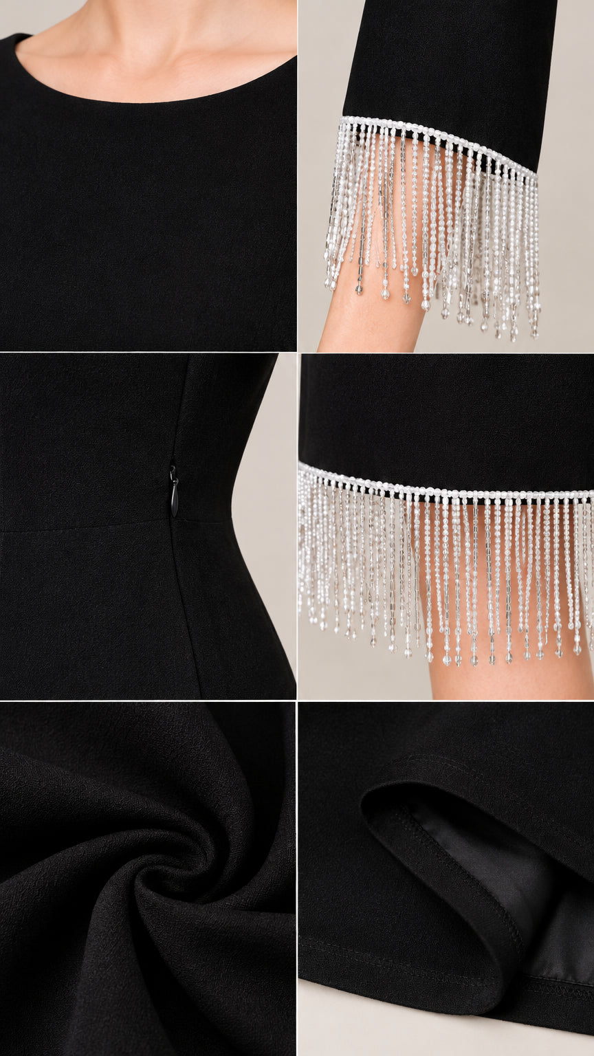 Close-up details of neckline, rhinestone trim, side zipper, and fabric texture