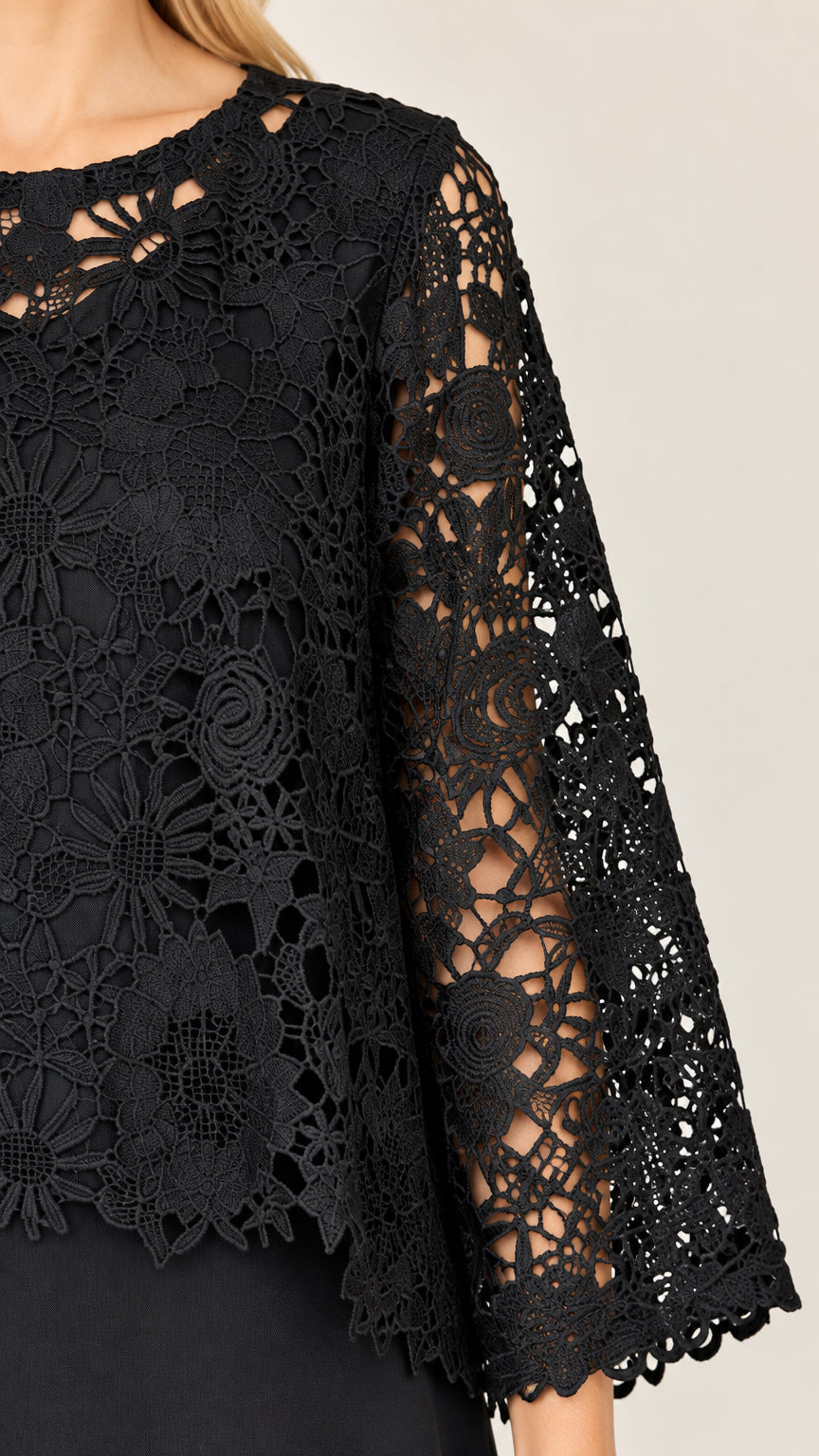 Close-up detail of intricate floral lace bodice and sleeve pattern on Black dress