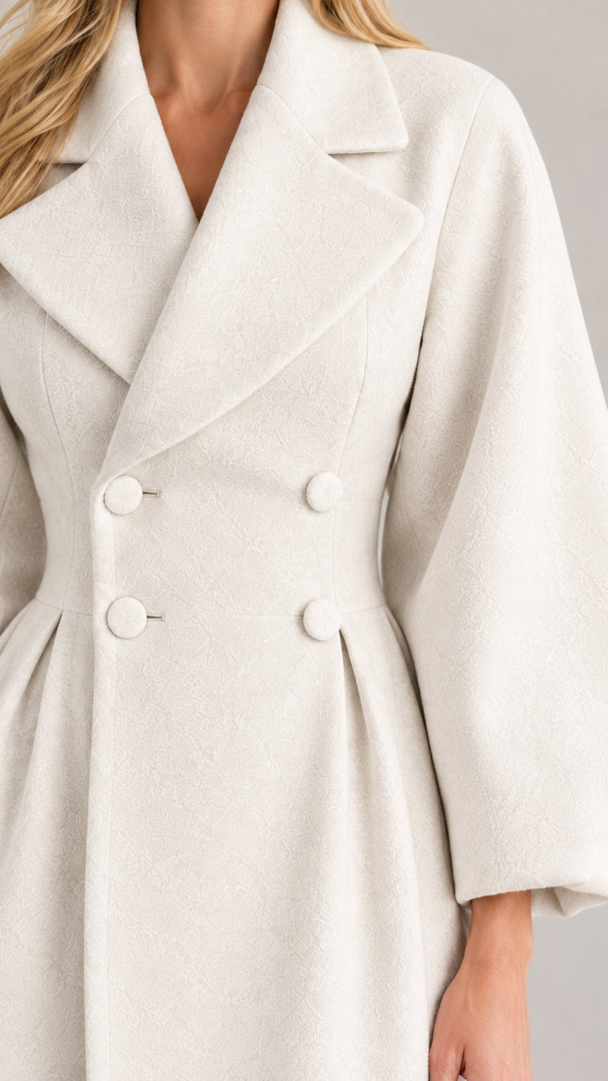 Close-up detail of notched lapel and covered buttons on Off White coat