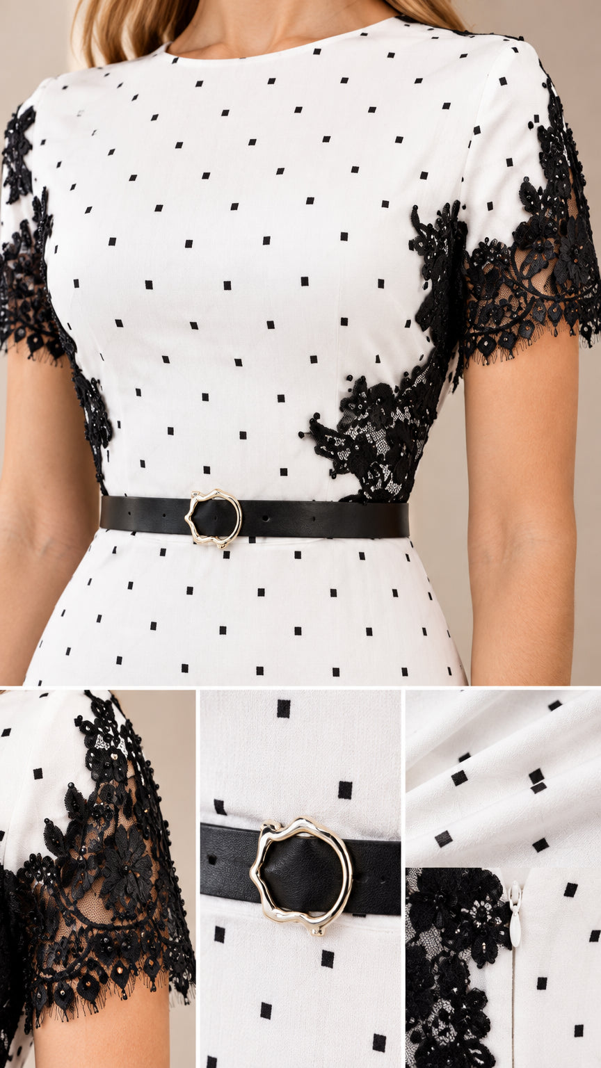 Close-up details of neckline, black lace trim, and buckle belt on polka dot maxi dress