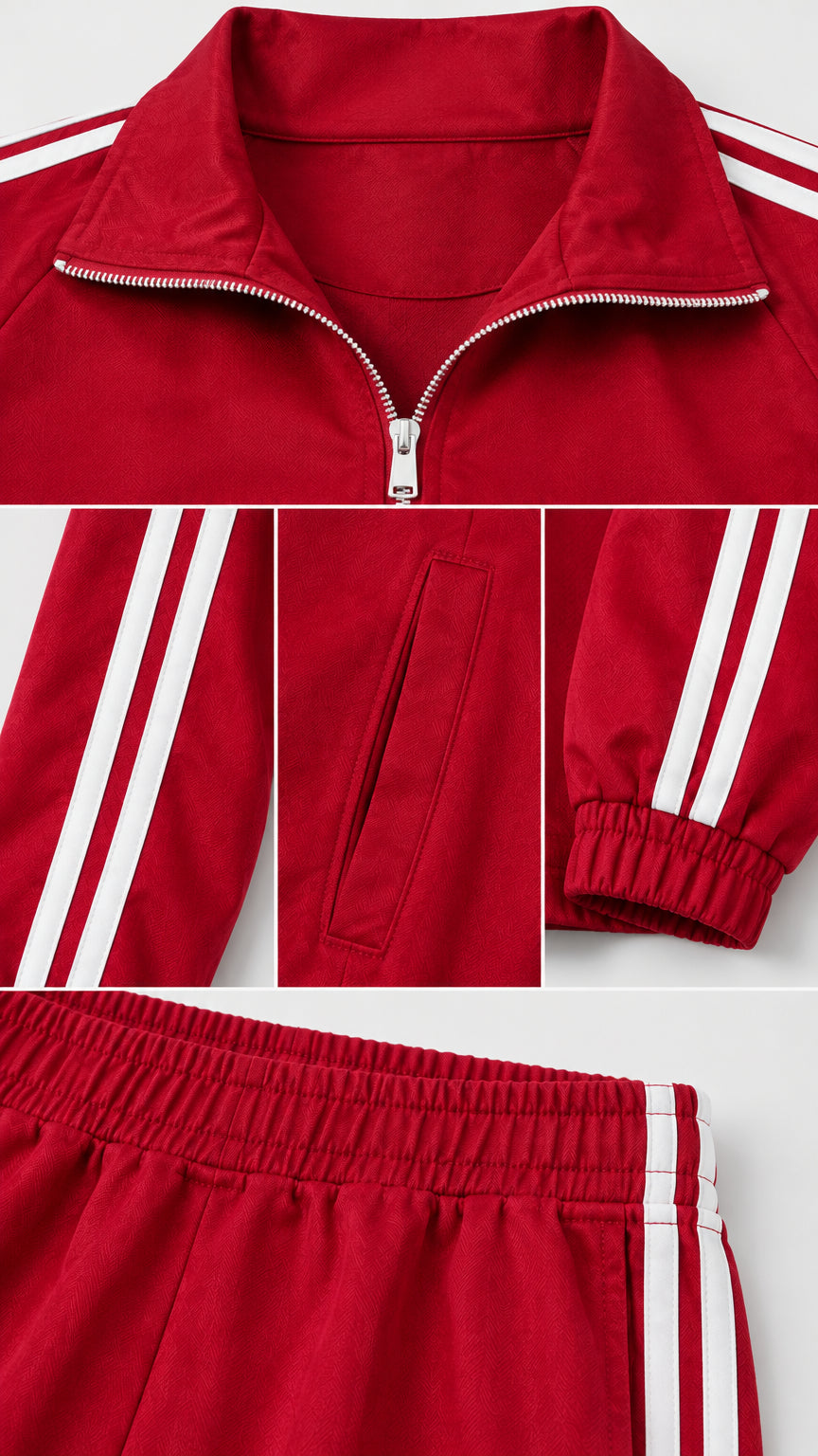 Close-up details of collar, zip closure, white side stripes, and elastic waistband