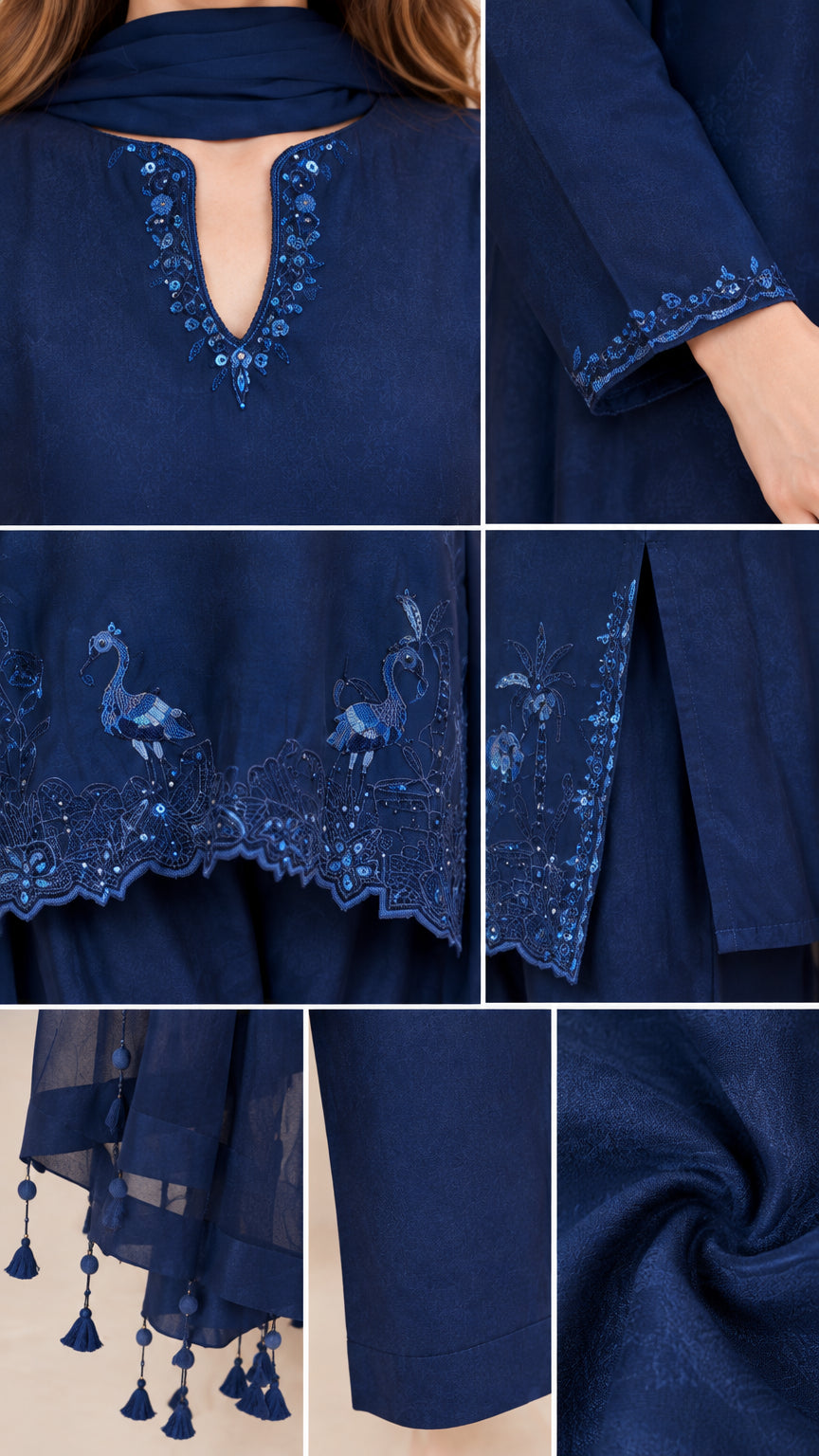 Close-up details of embroidered neckline, cuffs, scalloped hem, and tassel trim