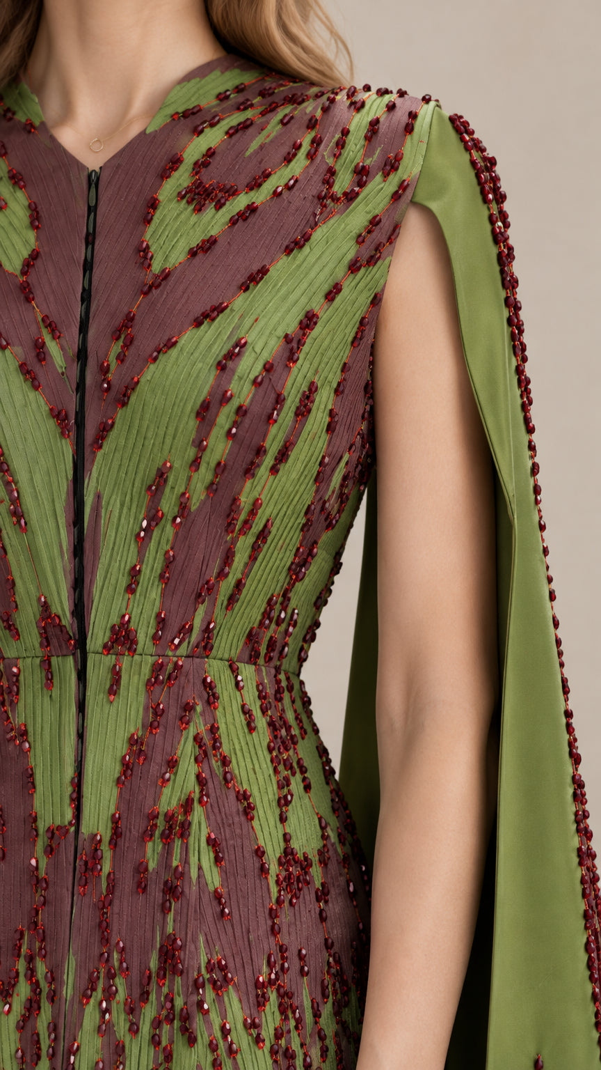 Close-up of intricate burgundy beading and pleated texture on green cape gown