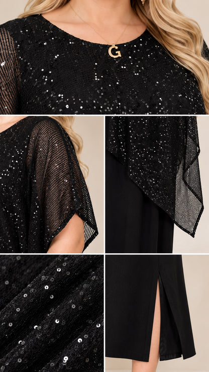 Close-up details of neckline, sequin mesh capelet, and hem slit on Black dress
