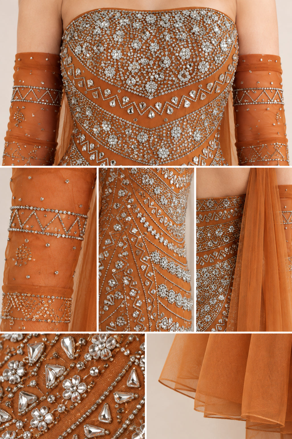 Detailed close-up of intricate crystal beadwork, rhinestone accents, and sheer mesh fabric