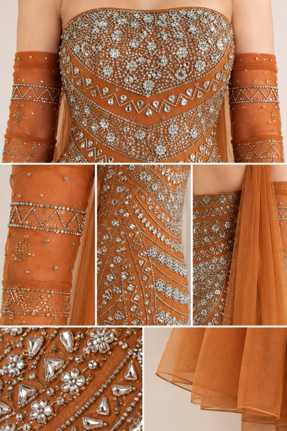 Detailed close-up of intricate crystal beadwork, rhinestone accents, and sheer mesh fabric