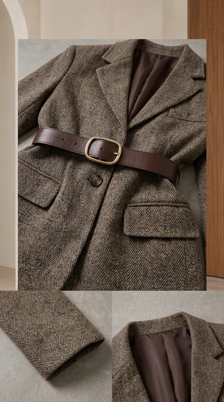 Close-up detail of herringbone tweed texture, notch lapel, lining, and belt buckle