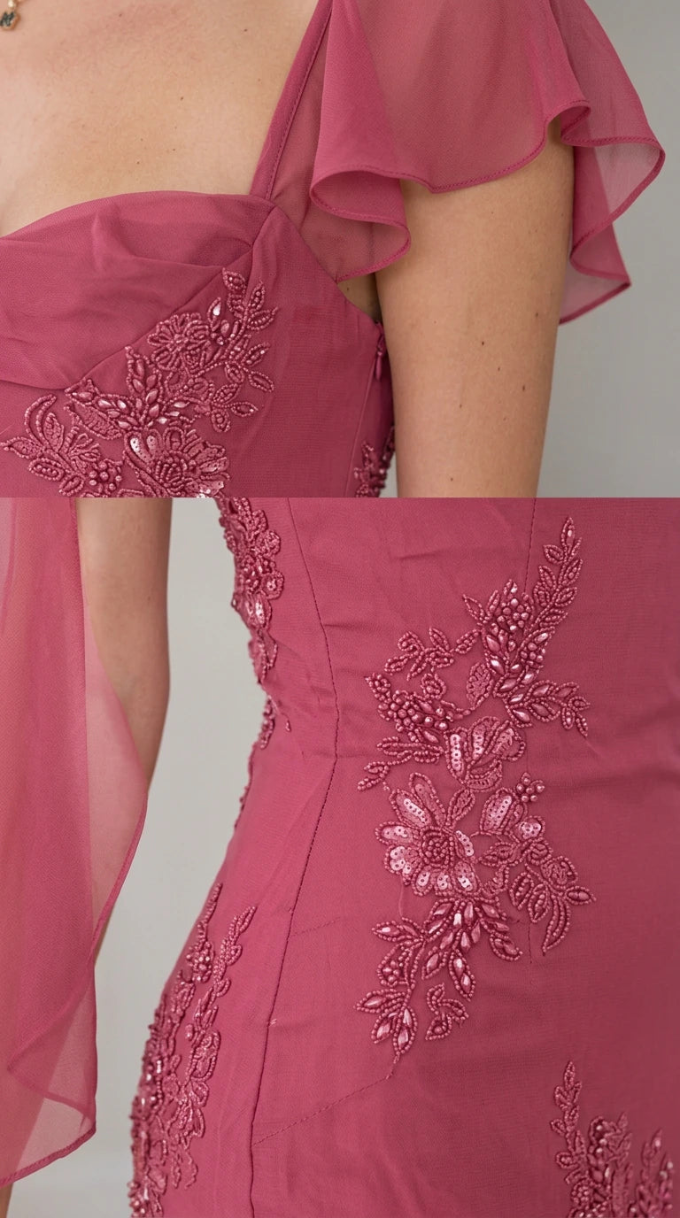 Close-up detail of bodice beadwork, floral embroidery, and sheer chiffon flutter cap sleeve