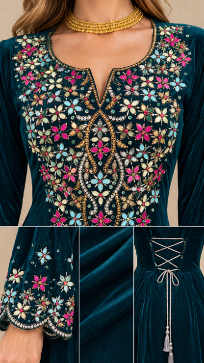 Close-up details of embroidered neckline, scalloped sleeve cuff, and back tie