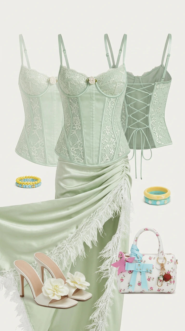 Flat lay outfit layout featuring sage green lace corset top and skirt with matching accessories