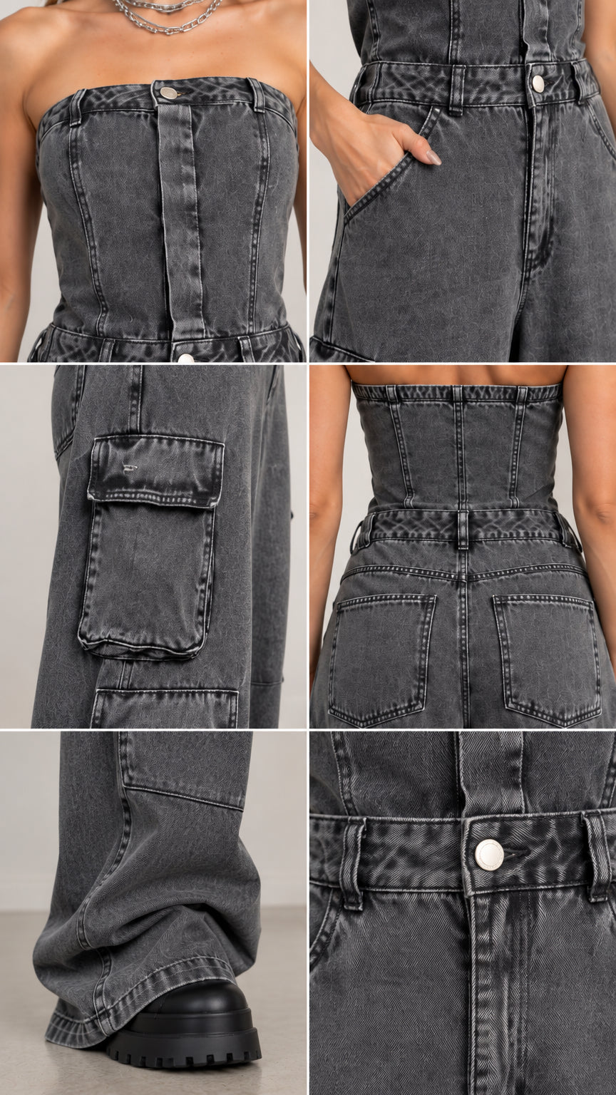 Close-up detail collage showing bodice, waist, cargo pockets, and hem of denim jumpsuit