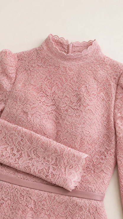 Close up view of scalloped high neckline and textured lace fabric