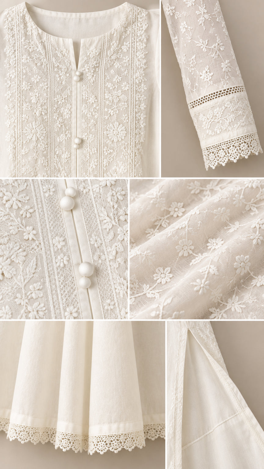 Close-up details of floral embroidery, buttons, and scalloped lace trims