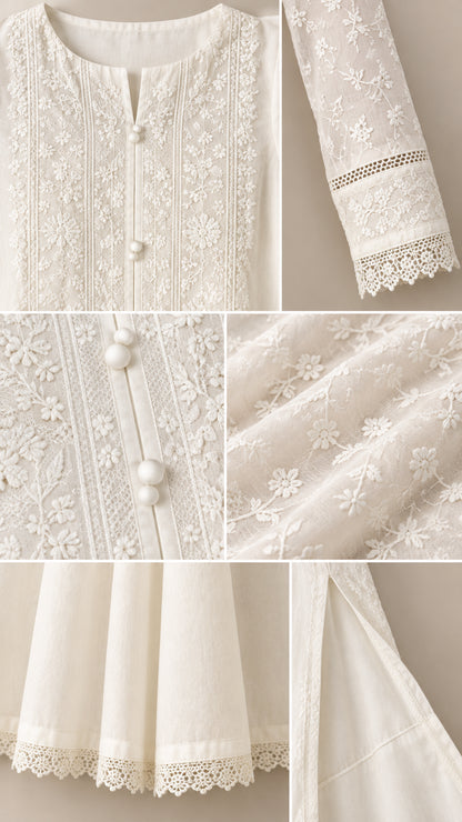Close-up details of floral embroidery, buttons, and scalloped lace trims
