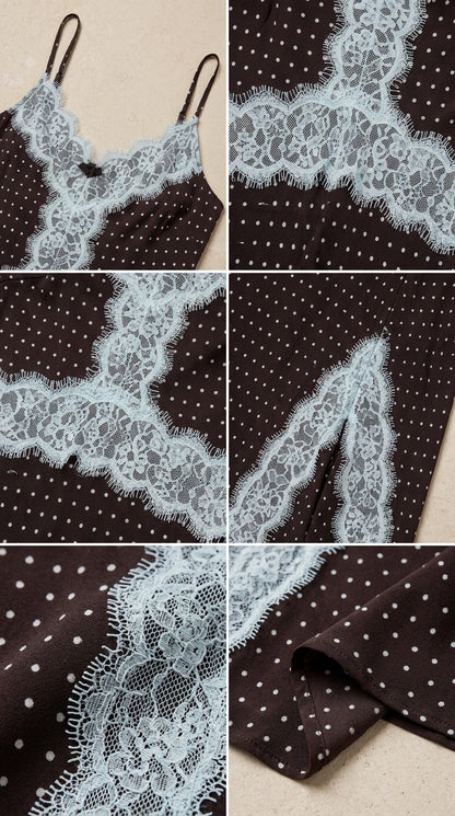 Close-up details of delicate lace trim and polka dot fabric