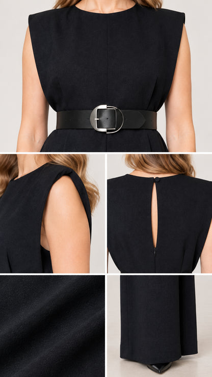 Close-up detail collage showing neckline, waist belt, padded armhole, back keyhole, fabric, and hem