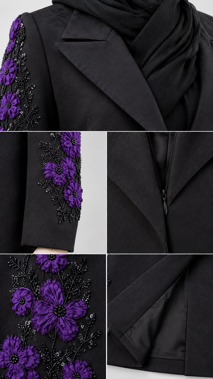 Close-up details of 3D purple flower appliques, delicate beading, lapel, and concealed closure