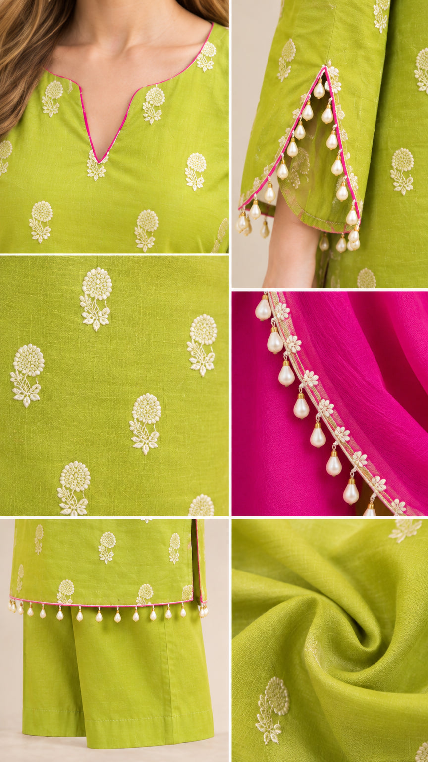 Close-up details of neckline, sleeve beaded trim, woven floral motifs, and fabric texture