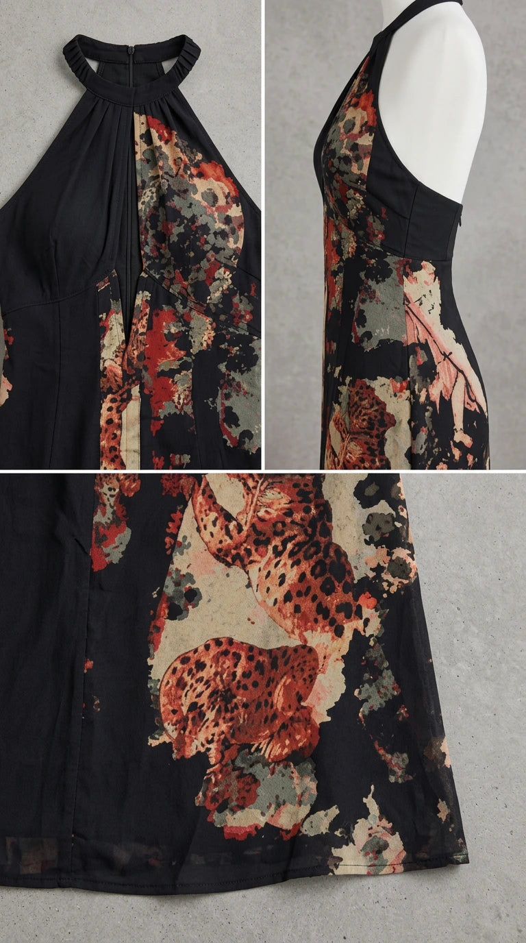 Close-up details of halter neckline, keyhole cutout, and floral fabric