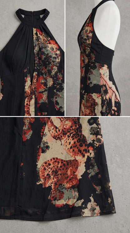 Close-up details of halter neckline, keyhole cutout, and floral fabric