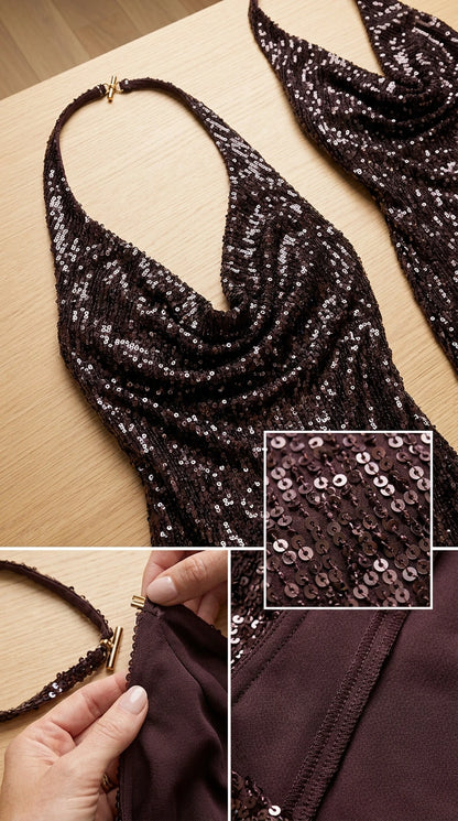 Close-up details of sequin fabric texture, halter closure, and soft inner lining