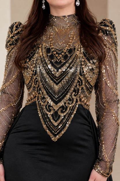Close-up detail of high neckline and intricate gold sequin and bead embroidery