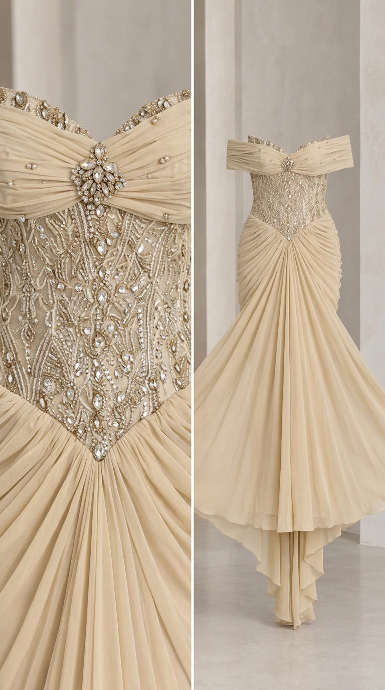 Close-up detail of crystal beadwork on corset bodice and draped chiffon fabric
