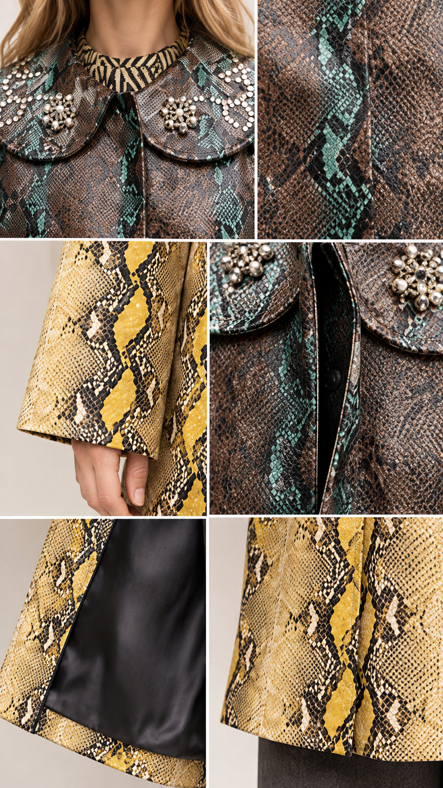 Close-up details of embellished collar, snakeskin texture, and smooth lining