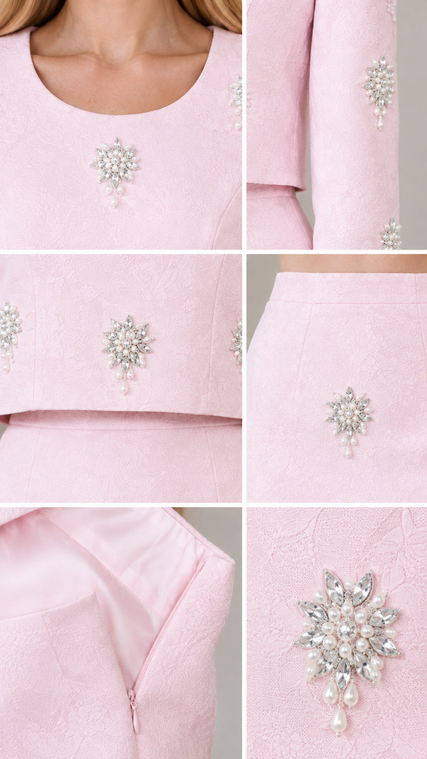 Close-up details of scoop neckline, crystal pearl embellishments, and concealed zipper
