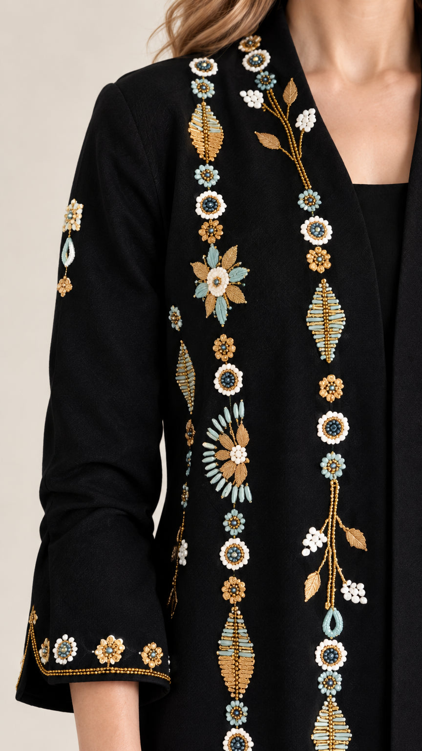 Close-up of intricate floral embroidery on sleeve and lapel