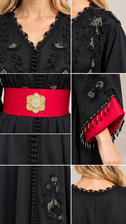 Close-up details of scalloped neckline, beaded sleeve trim, and gold belt buckle