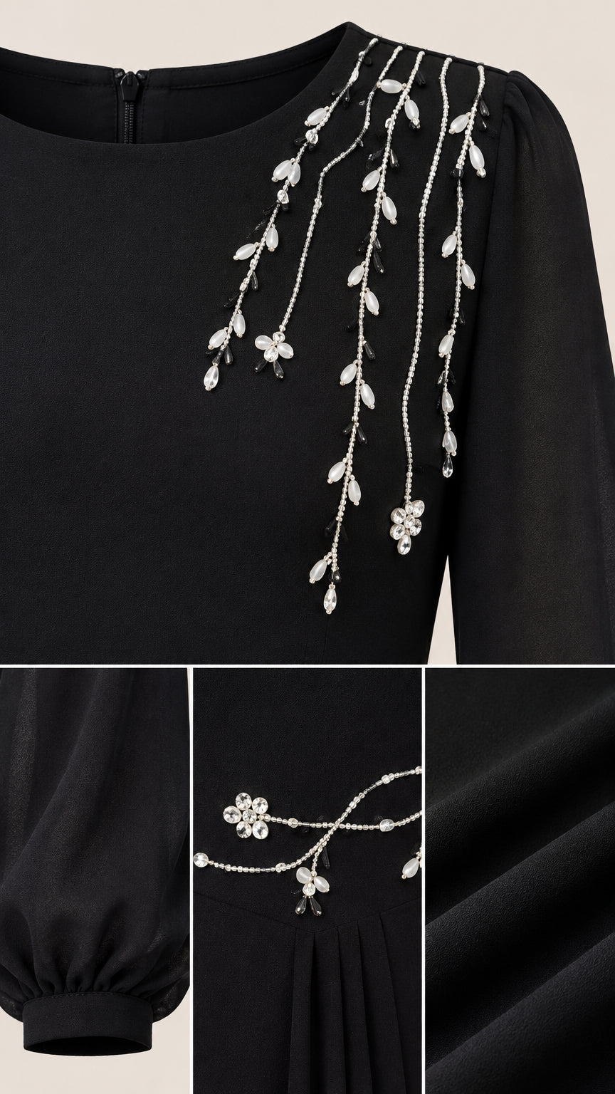 Close-up details of sparkling crystal floral embellishment and pleated chiffon fabric