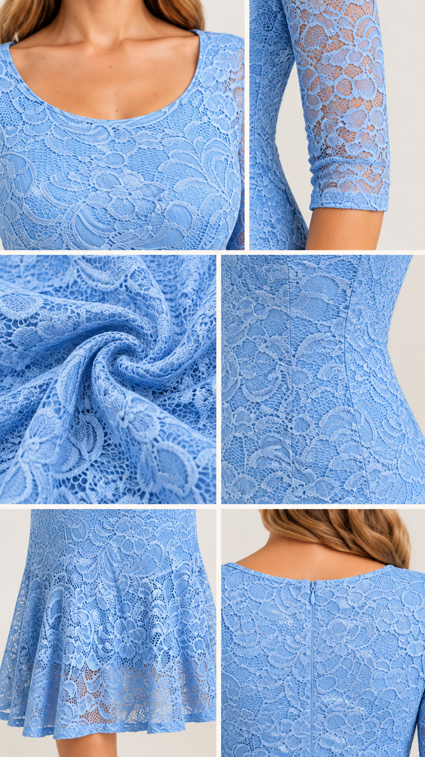 Close-up details of floral lace fabric neckline sleeve and hem