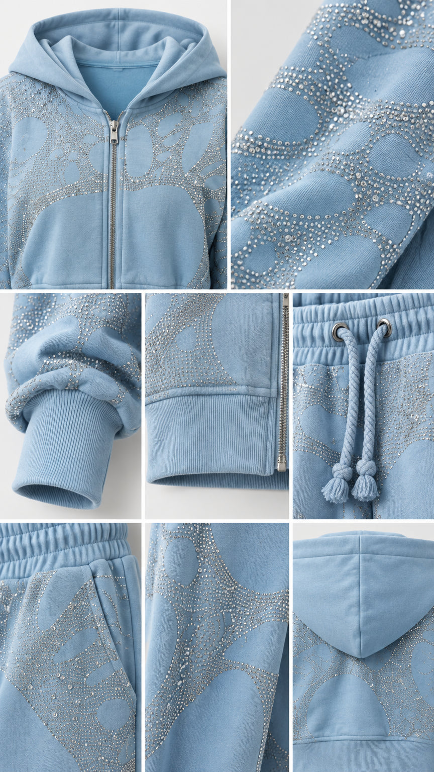 Close-up details of Light Blue fabric, hood, rhinestone pattern, ribbed cuffs, and drawstring waistband