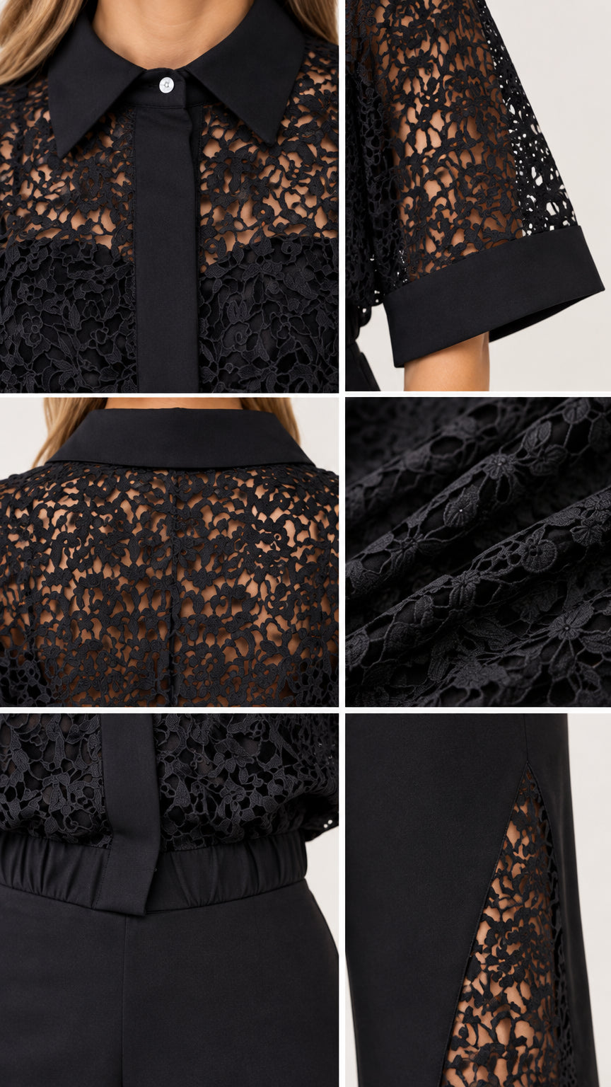 Close-up details of pointed collar, lace sleeves, waistband, and lace hem insert
