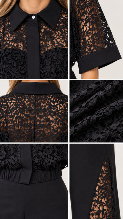 Close-up details of pointed collar, lace sleeves, waistband, and lace hem insert