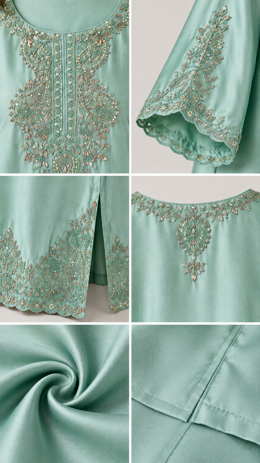 Close-up details of intricate beadwork, embroidered hem, and satin fabric texture