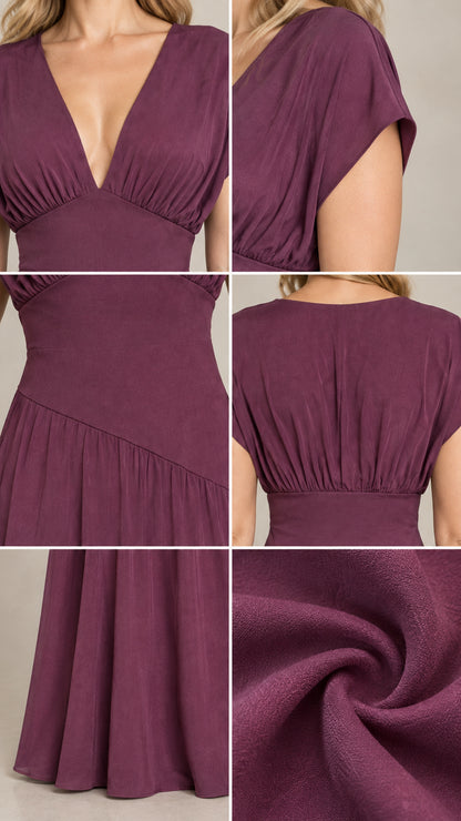 Detailed close-up views of the pleated neckline, waistline, fabric texture, and hem