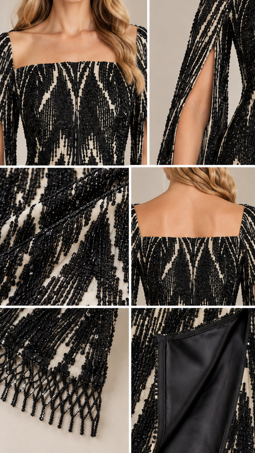 Close-up details of square neckline, split sleeves, sequin texture, and fringe trim on evening gown