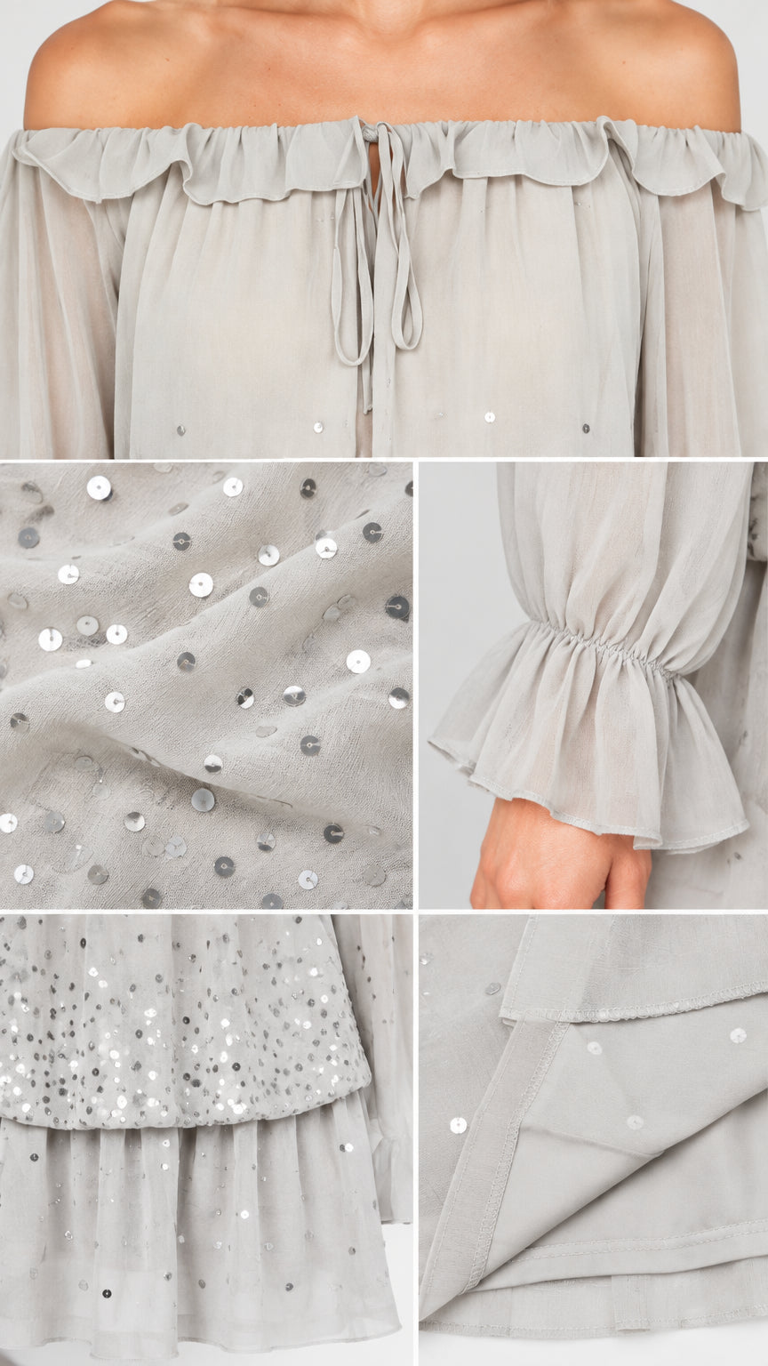 Close-up details of sequin embroidery, ruffle neckline, and cuff details on Light Grey dress