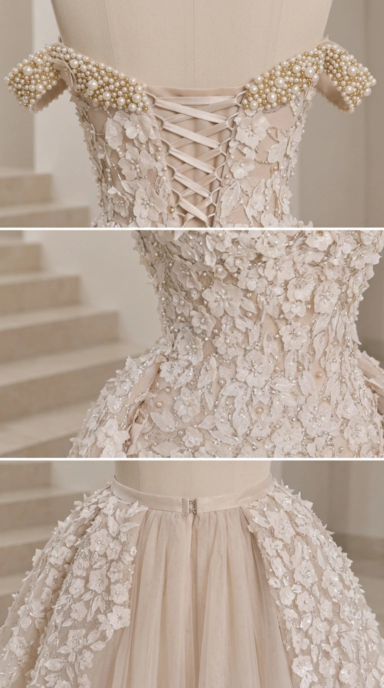 Close-up details of pearl-embellished neckline, floral appliques, and corset back