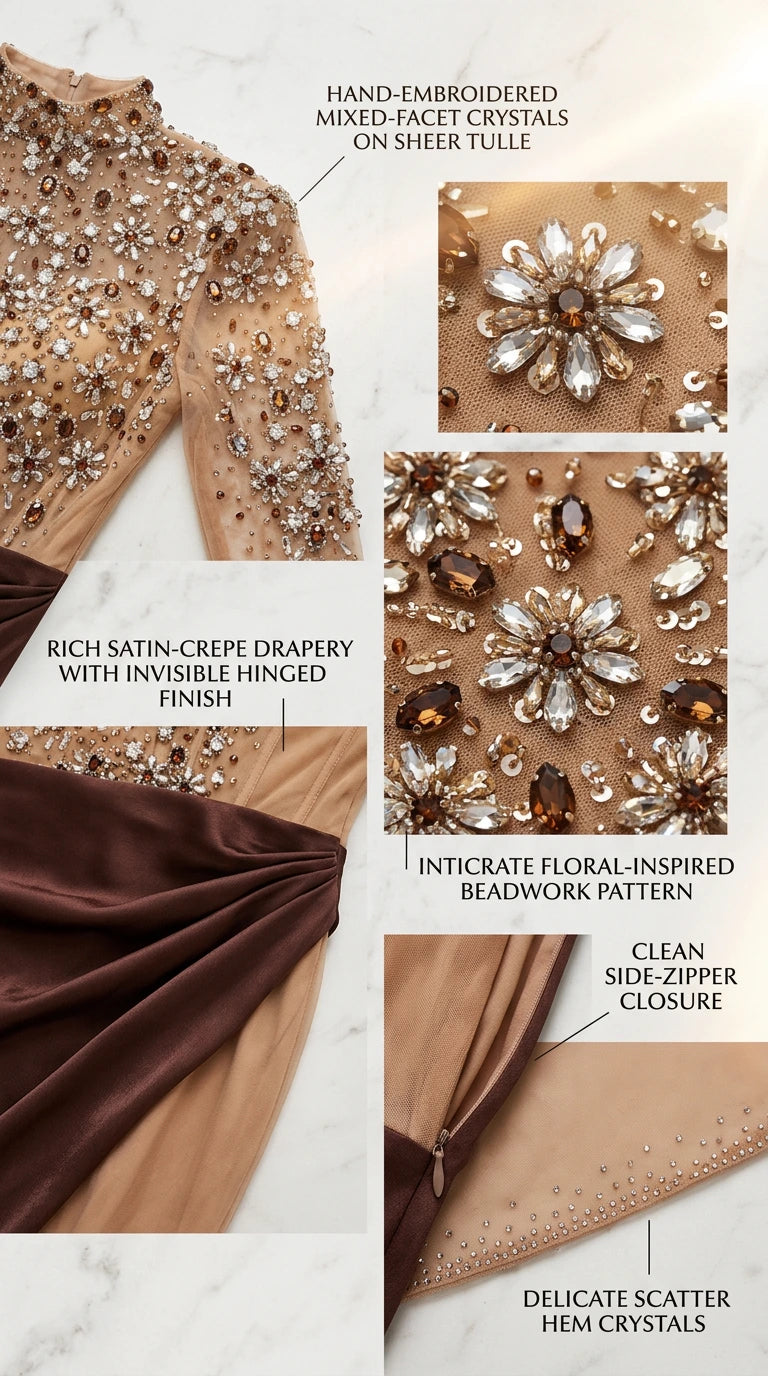 Close-up details of intricate crystal embroidery, satin-crepe drape, and side zipper closure