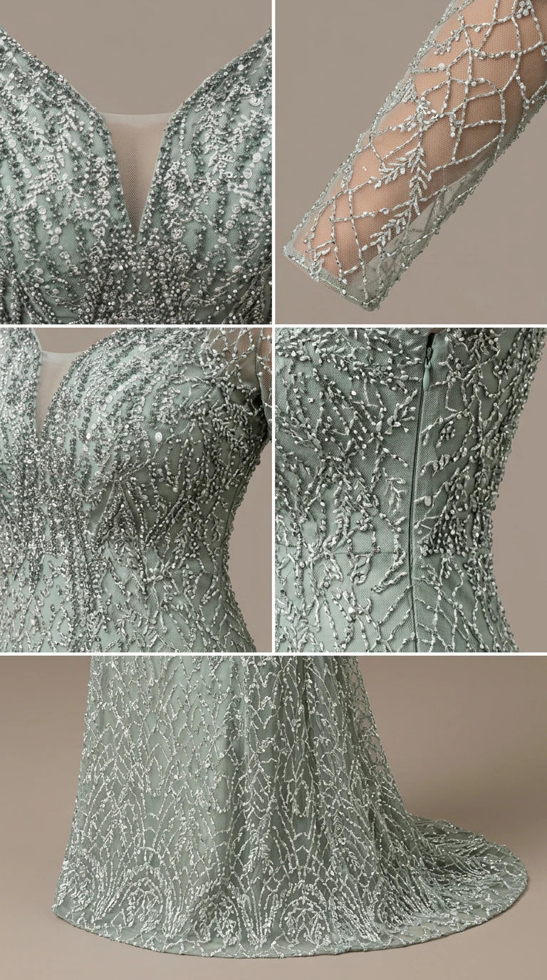 Close-up details of illusion V-neckline, beaded sheer sleeves, and embellished bodice