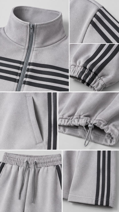 Close-up collage of Heather Grey tracksuit details including zipper, collar, stripes, pockets, and hem drawstrings