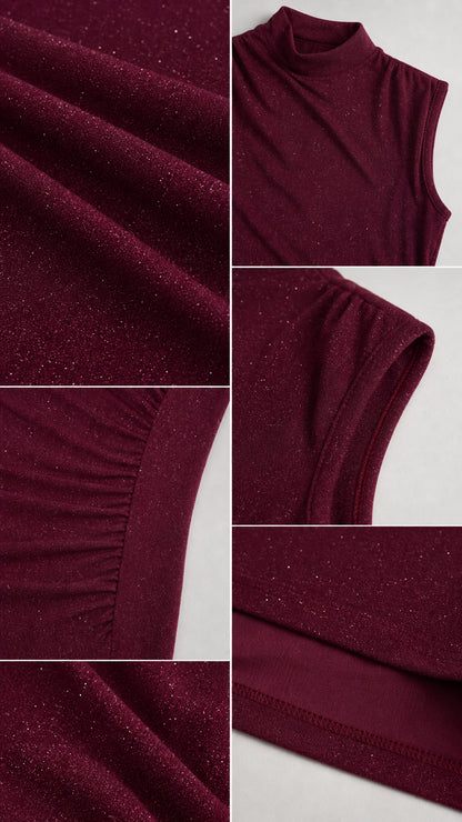 Close-up details of burgundy shimmer knit fabric and side ruching