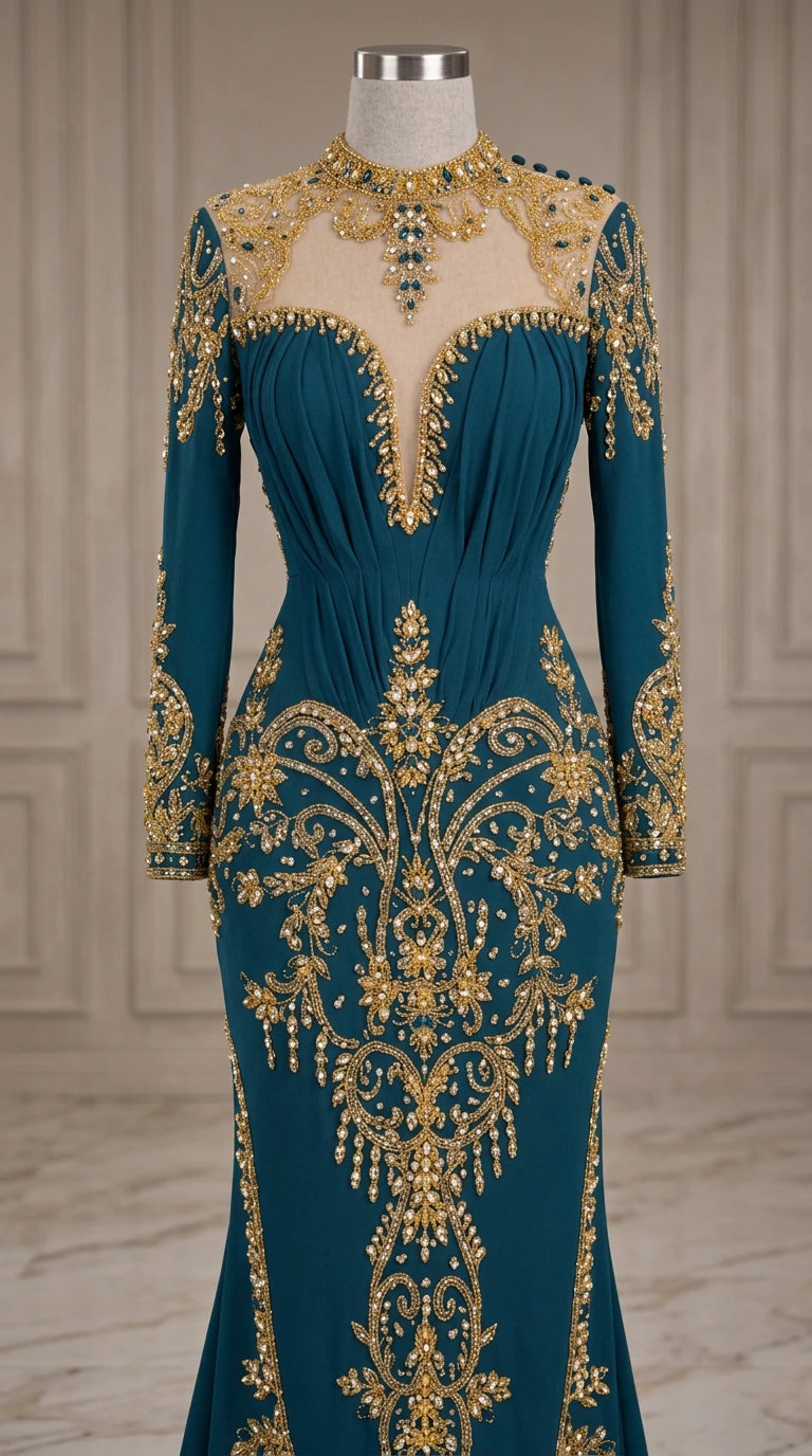 Close-up mannequin view of teal gown bodice showcasing pleated bust, illusion mesh, and gold beadwork