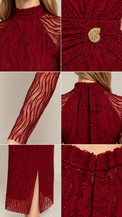 Close-up details of burgundy dress neckline, sheer sleeve, gathered waist ornament, and slit