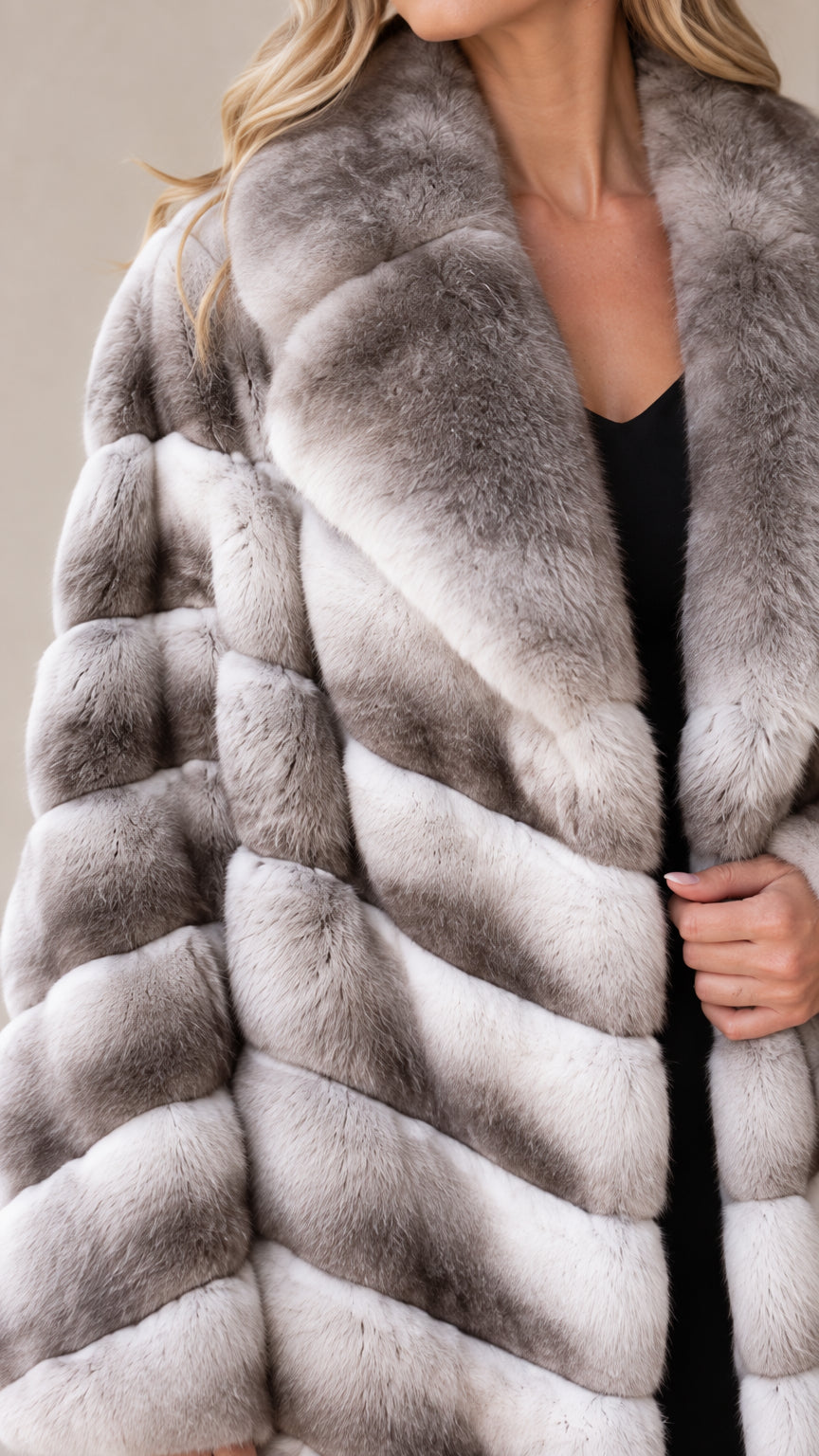 Close-up detail of plush grey ombre faux fur fabric and shawl collar